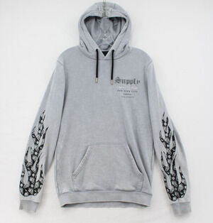 SUPPLY & DEMAND Hoodie Mens Small Gray Pullover Hooded Graphic Fleece Drawstring